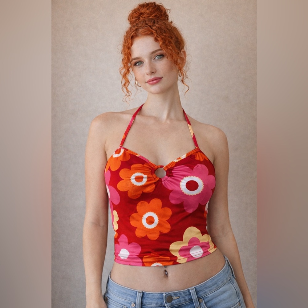 Halter Neck Y2K Flower Printed Camisole